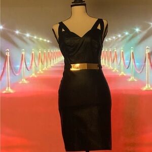 Chic Black Midi Dress with Gold Belt
